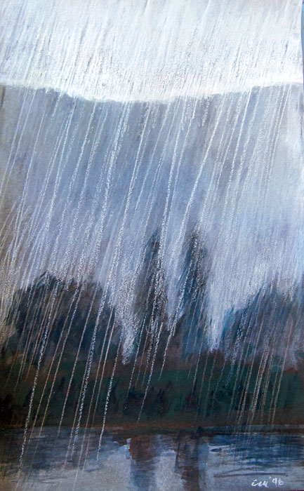 Rain in France, gouache and pastel on paper, 5" x 7"