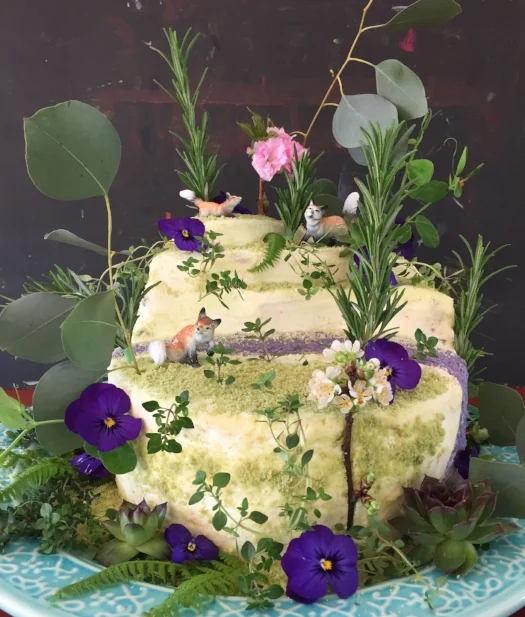 20th Anniversary cake made with love, flowers, homemade hippy-dippy natural food coloring, and vintage porcelain foxes. Because I'm just that nuts. ©2016