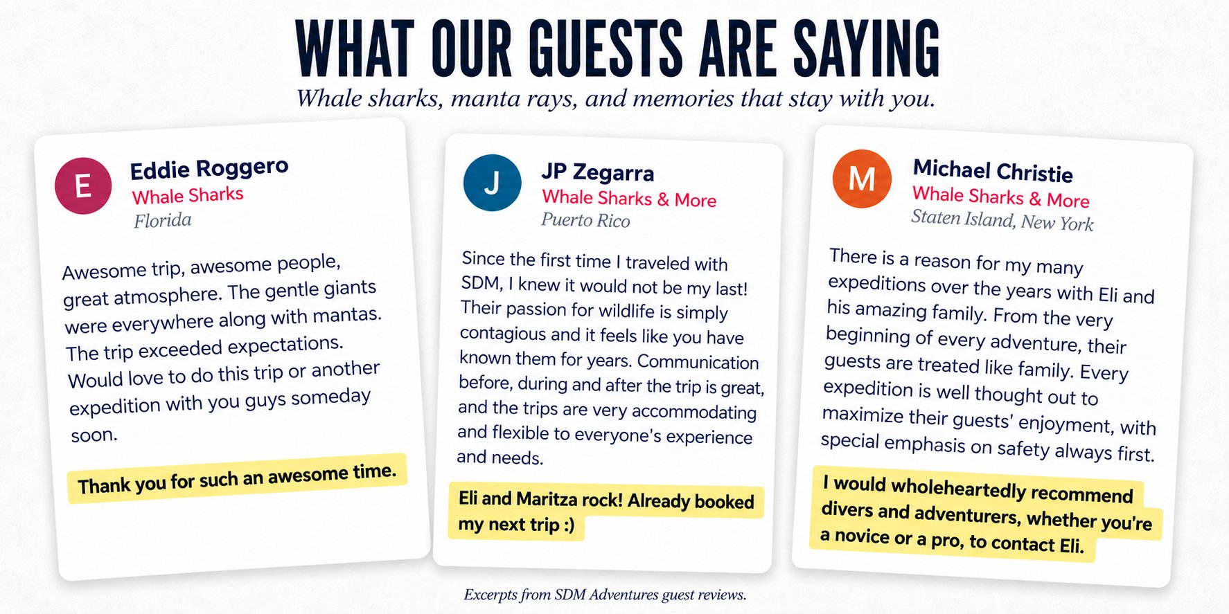 Guest review graphic featuring Eddie Roggero, JP Zegarra, and Michael Christie sharing their experiences on SDM Adventures whale shark and other wildlife expeditions, including encounters with manta rays off Isla Mujeres, Mexico.