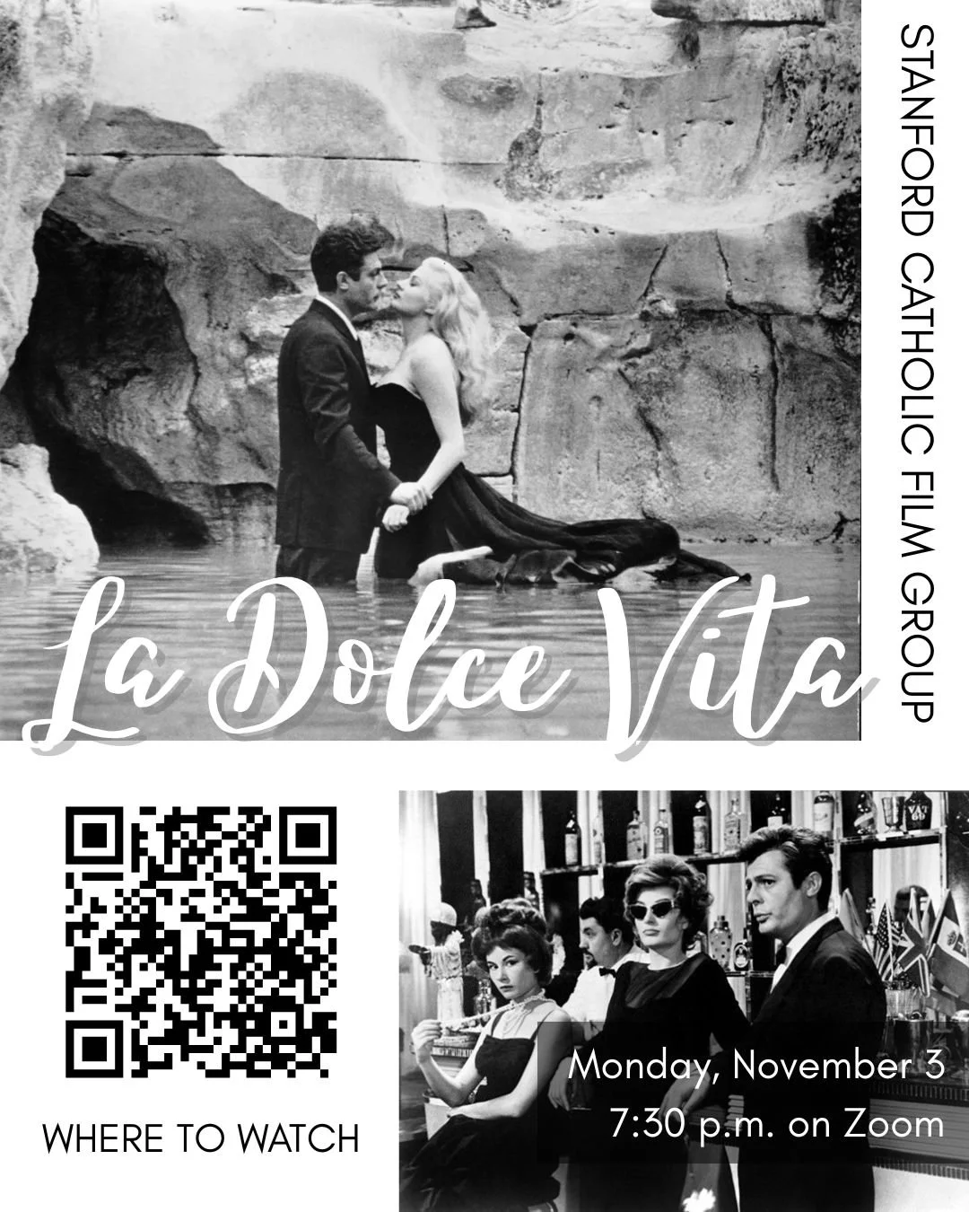 Please join the Stanford Catholic Film Group on Monday, November 3, to discuss &quot;La Dolce Vita&quot; (1960). Directed by Federico Fellini, and starring Marcello Mastroianni and Anita Ekberg, it&rsquo;s considered one the greatest films ever made,