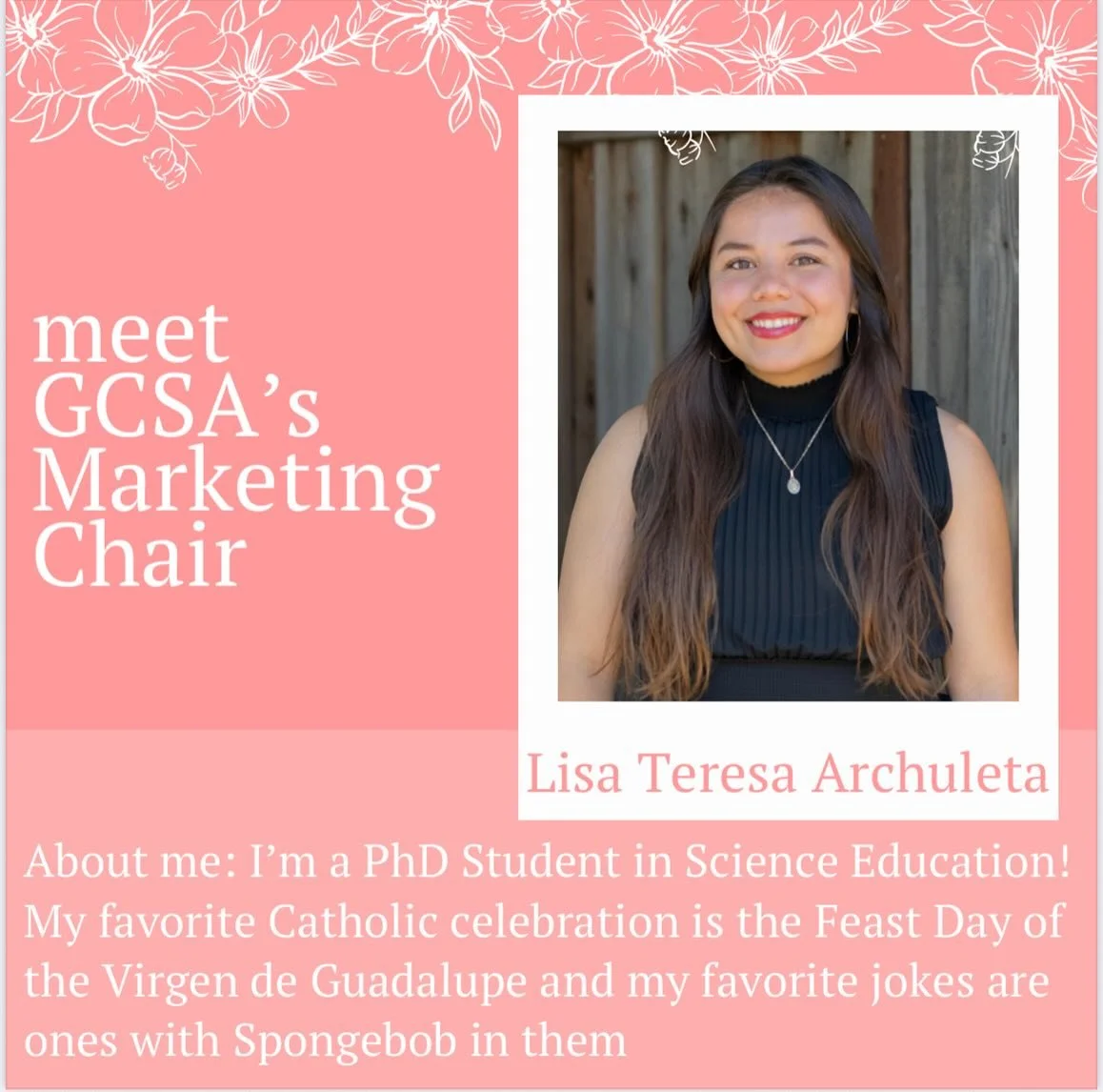 Just like our post, our next exec member is always late, but still so great! Meet Lisa Archuleta GCSA&rsquo;s Marketing Chair. Come back tomorrow to meet another member of our team!

Comment down below if you&rsquo;re team late or on time 🤪