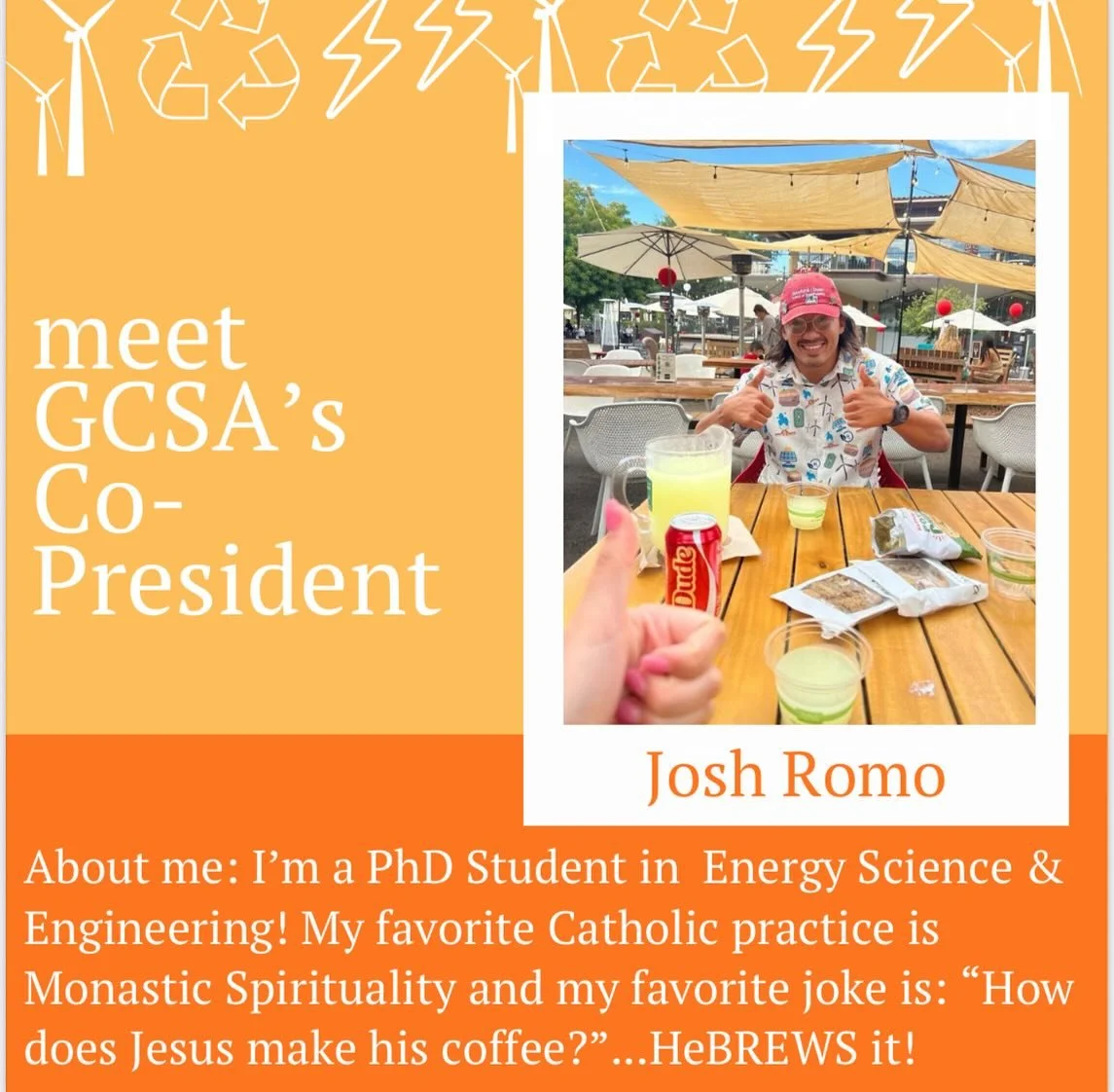 Say hello to one of our GCSA co-president&rsquo;s, Josh Romo. He loves everything sustainable, outdoorsy, and Texan! Join us again tomorrow for our last student exec!

Comment down below if you think recycling is cool 😮&zwj;💨