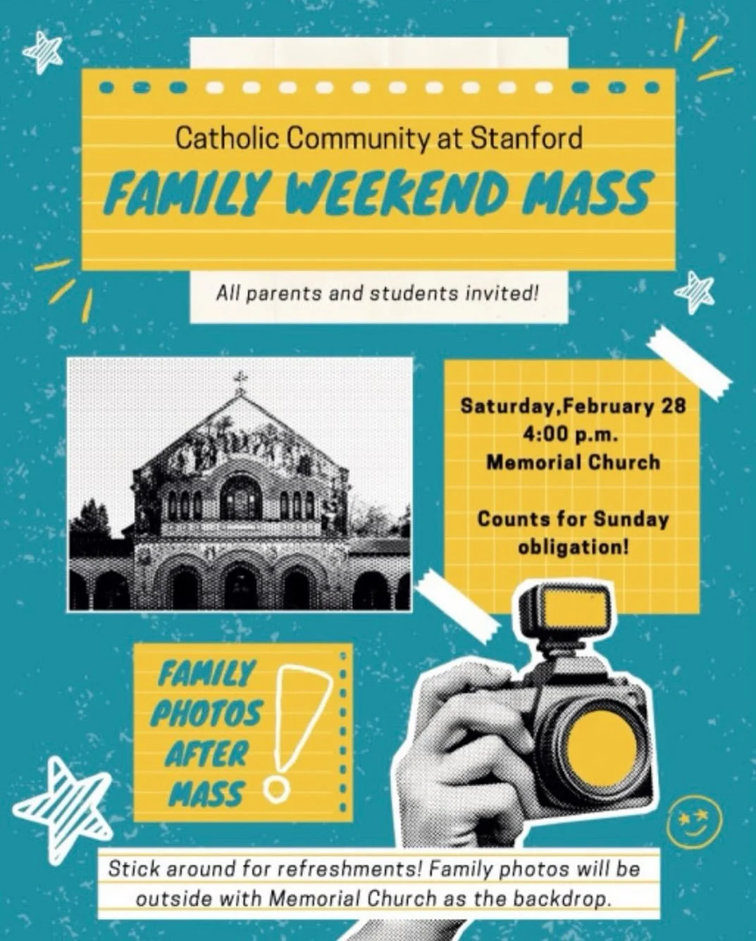 All are welcome to the Family Weekend Mass on Saturday at 4 PM! 

RSVP: https://docs.google.com/forms/d/e/1FAIpQLSfVwa76jTiTuY8RYQhunY_APchzFhUkz3EkWBYPGJ6bZfIJyA/viewform