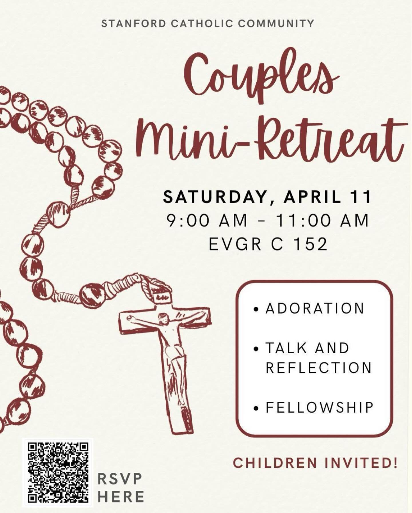 We are hosting a married couples and family mini retreat on the morning of April 11 in EVGR C 152! Join us for a time of fellowship, prayer and food! RSVP using the link below :) 

https://docs.google.com/forms/d/e/1FAIpQLSeDcxWu4lw_g_lh4u2Ec1YQfhHFo
