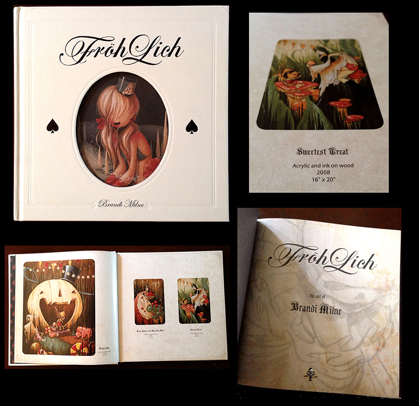 ***LAST FEW COPIES LEFT!!!*** Froh Lich The Art of Brandi Milne 152 pages hardcover Embossed and stamped cover Published by Babytattoo Signed "A beautifully designed monograph by young painter Brandi Milne whose soft-spoken style has risen above the noisy roar of the alternative art scene." $45 shipped US (international will be more… CA tax applies)