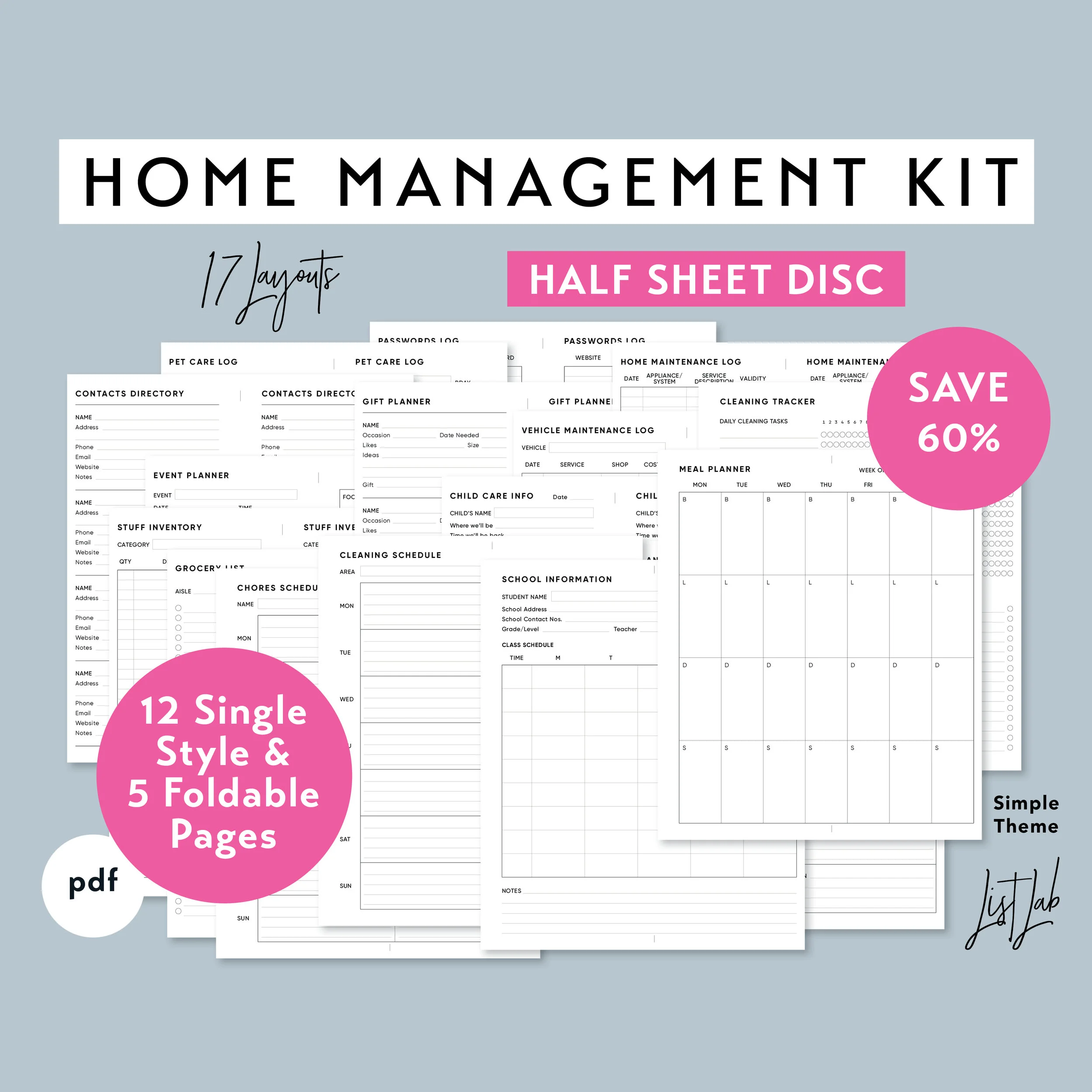 Half Sheet Discbound HOME MANAGEMENT KIT ListLab