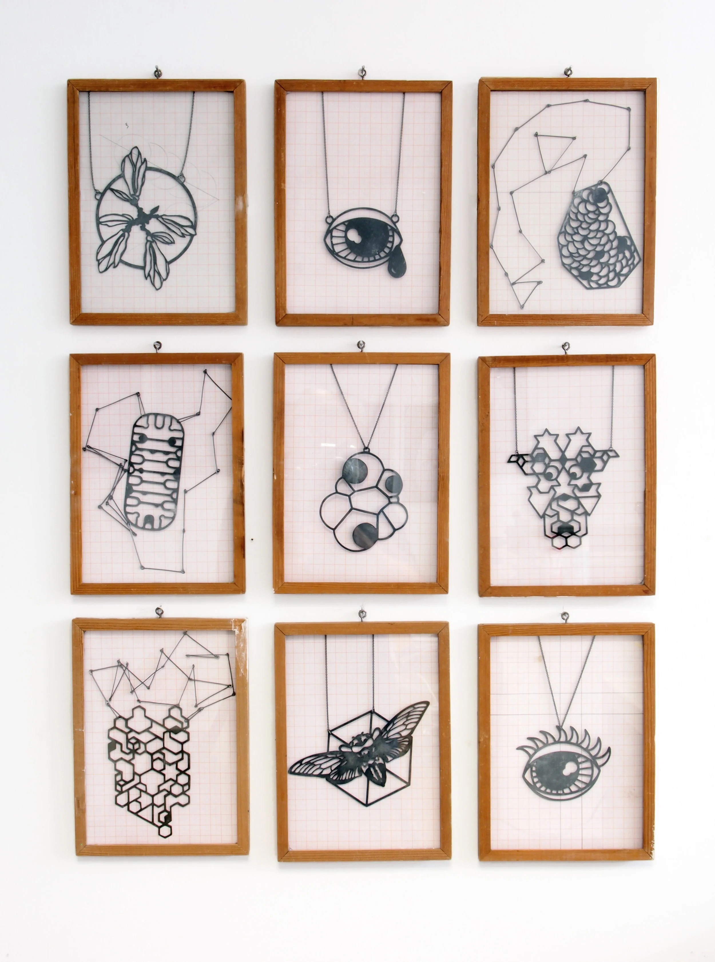 "Places I’ve been, things I’ve seen" 2015 Series of nine drawings in zink. Oxidized zink and silver.
