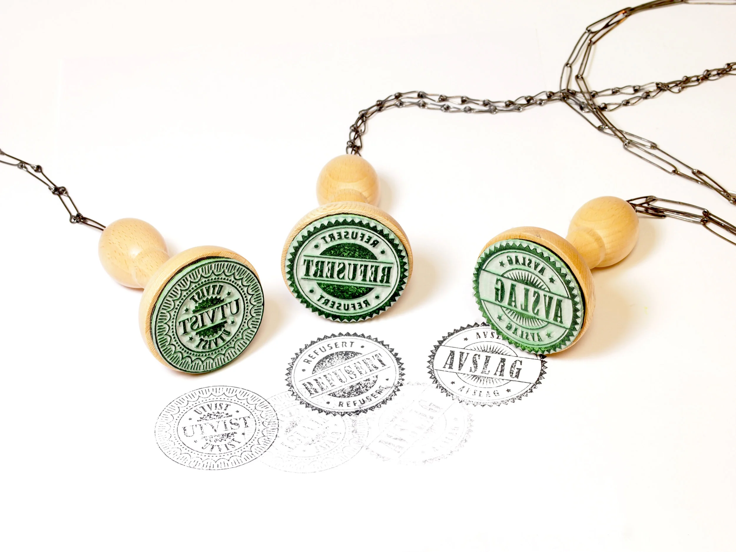 UTVIST, AVSLAG og REFUSERT. 2016 Pendants. (Expelled, Decline and Rejected) Stamps, wood and silver.