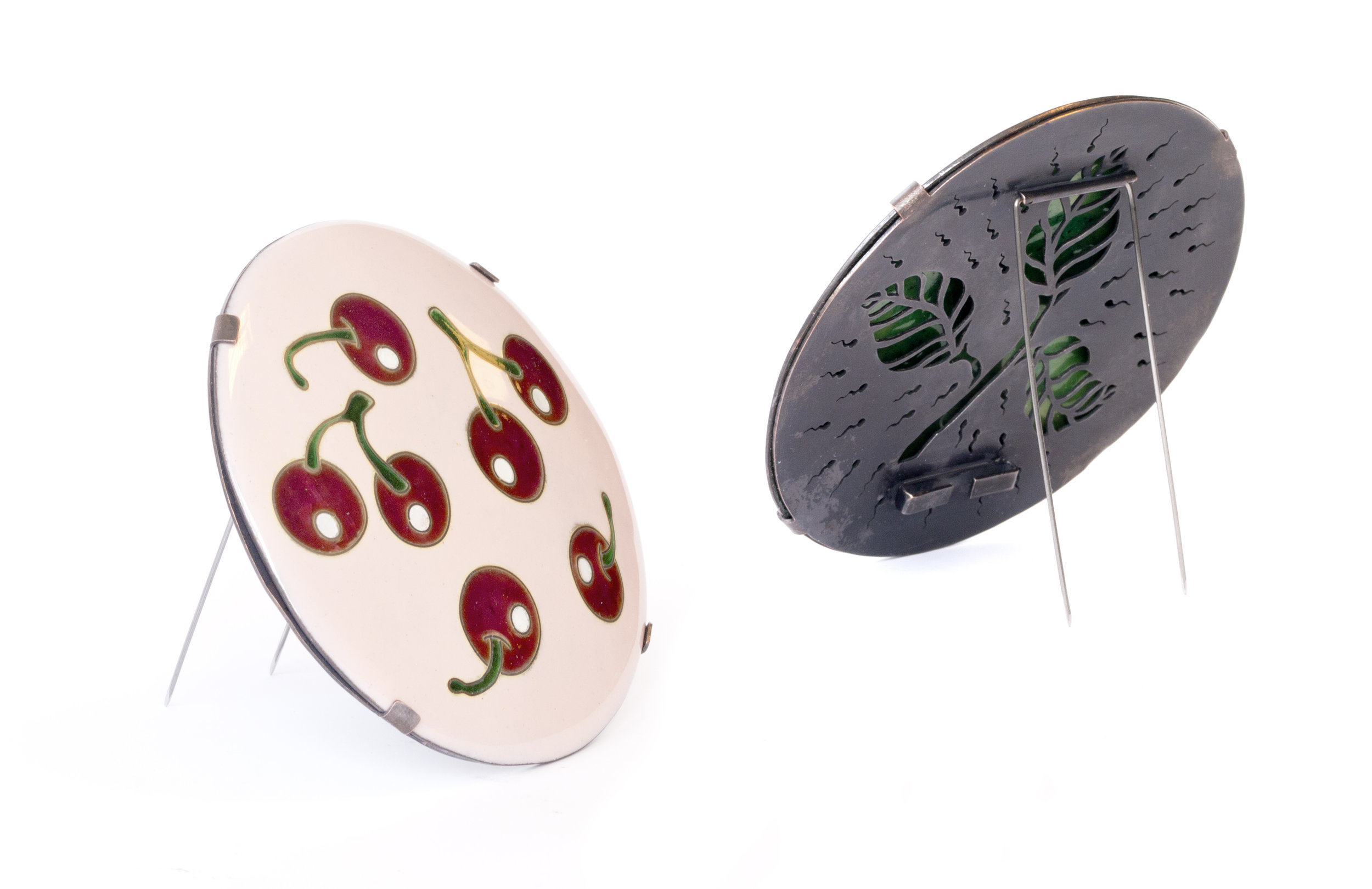  Pop the Cherry, 2018  Enamel, copper, silver cloisonne, steel wire. (Front and back) Brooch. 