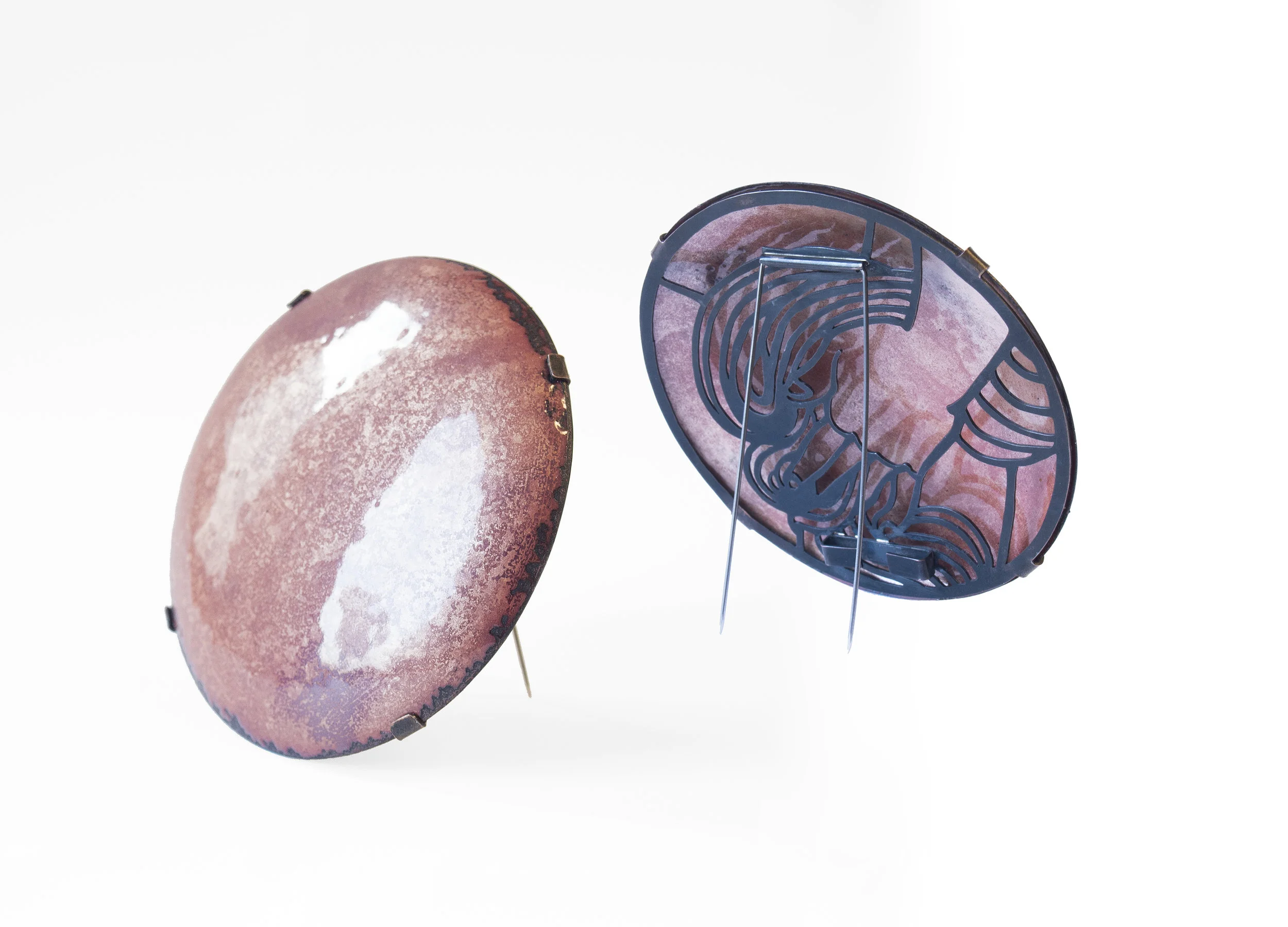 Venus as a Boy, 2018 Enamel, copper, silver, steel wire. (Front and back) Brooch.