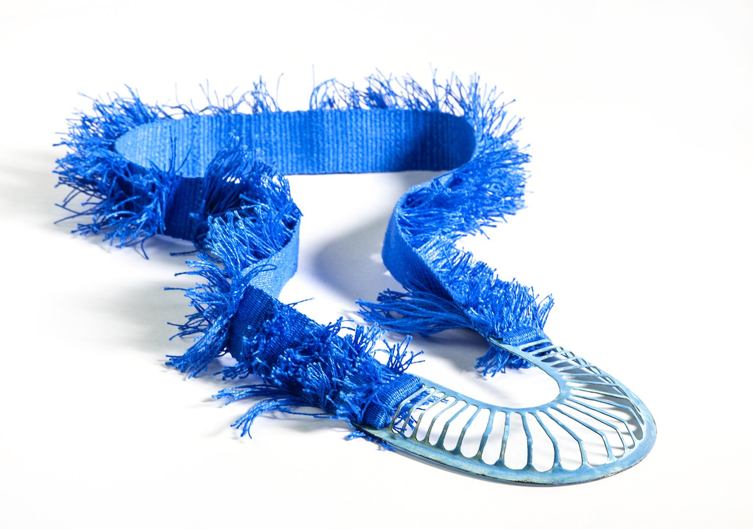  Recent Events, blue. 2020 Necklace. Enamel, handwoven linen 
