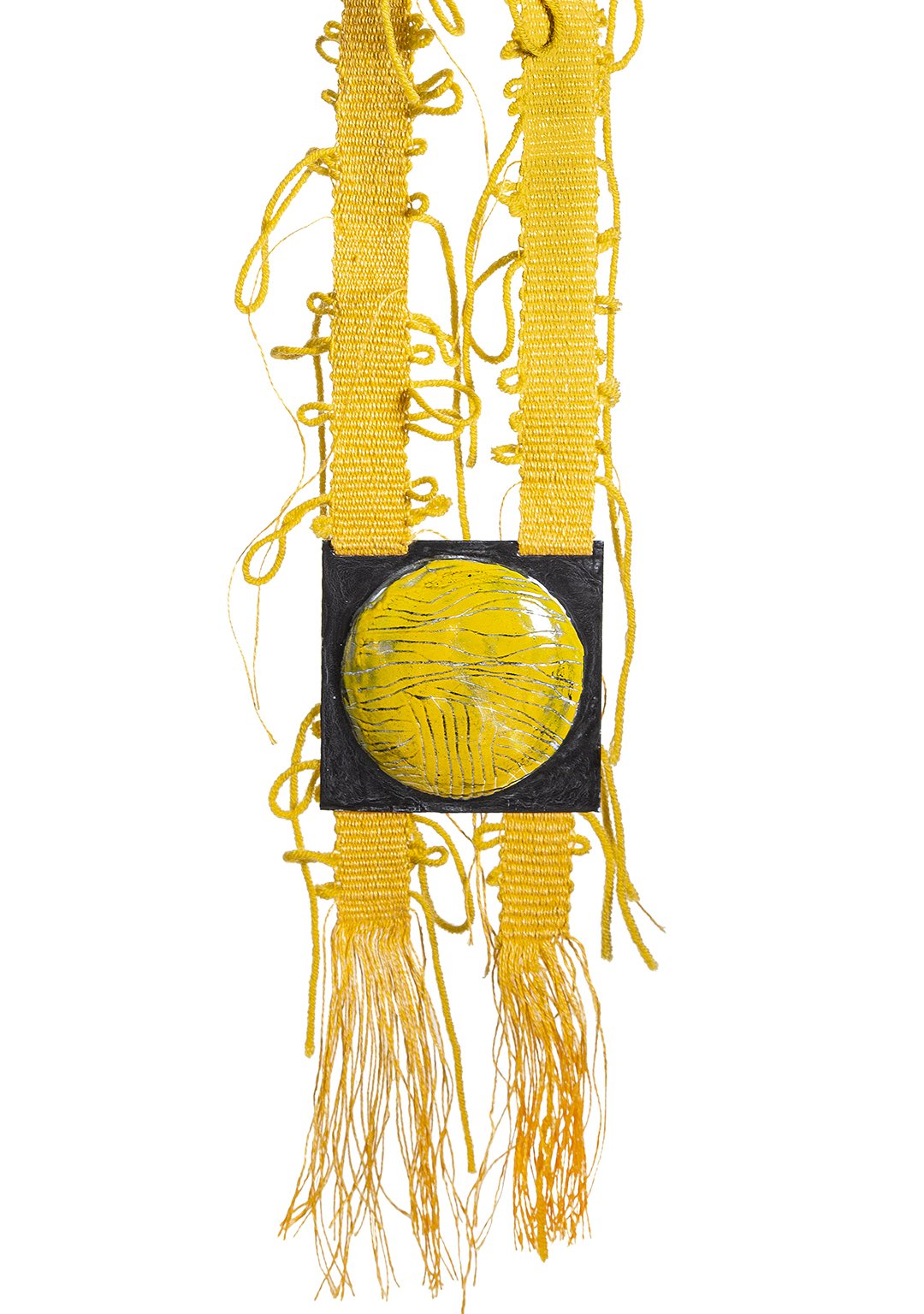  Sunny Disposition, 2020. Necklace.  Enamel, copper, handwoven linen and cotton 