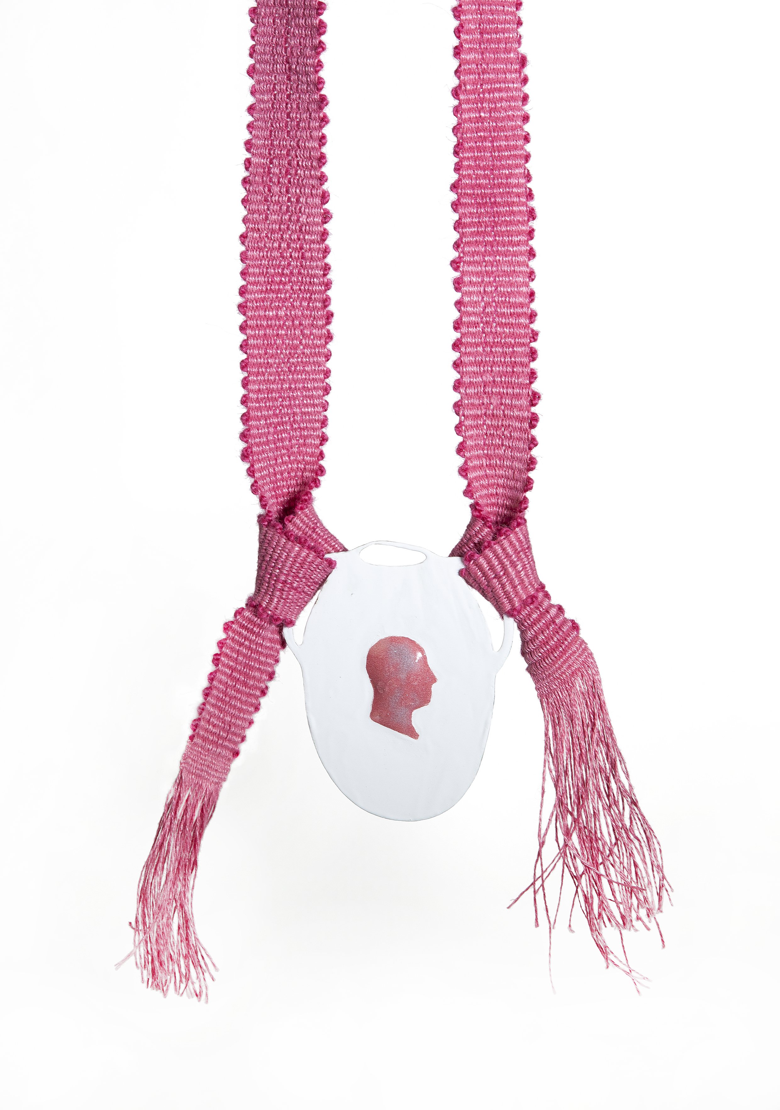  The Halfbrother, pink. 2020 Necklace. Enamel, handwoven linen  