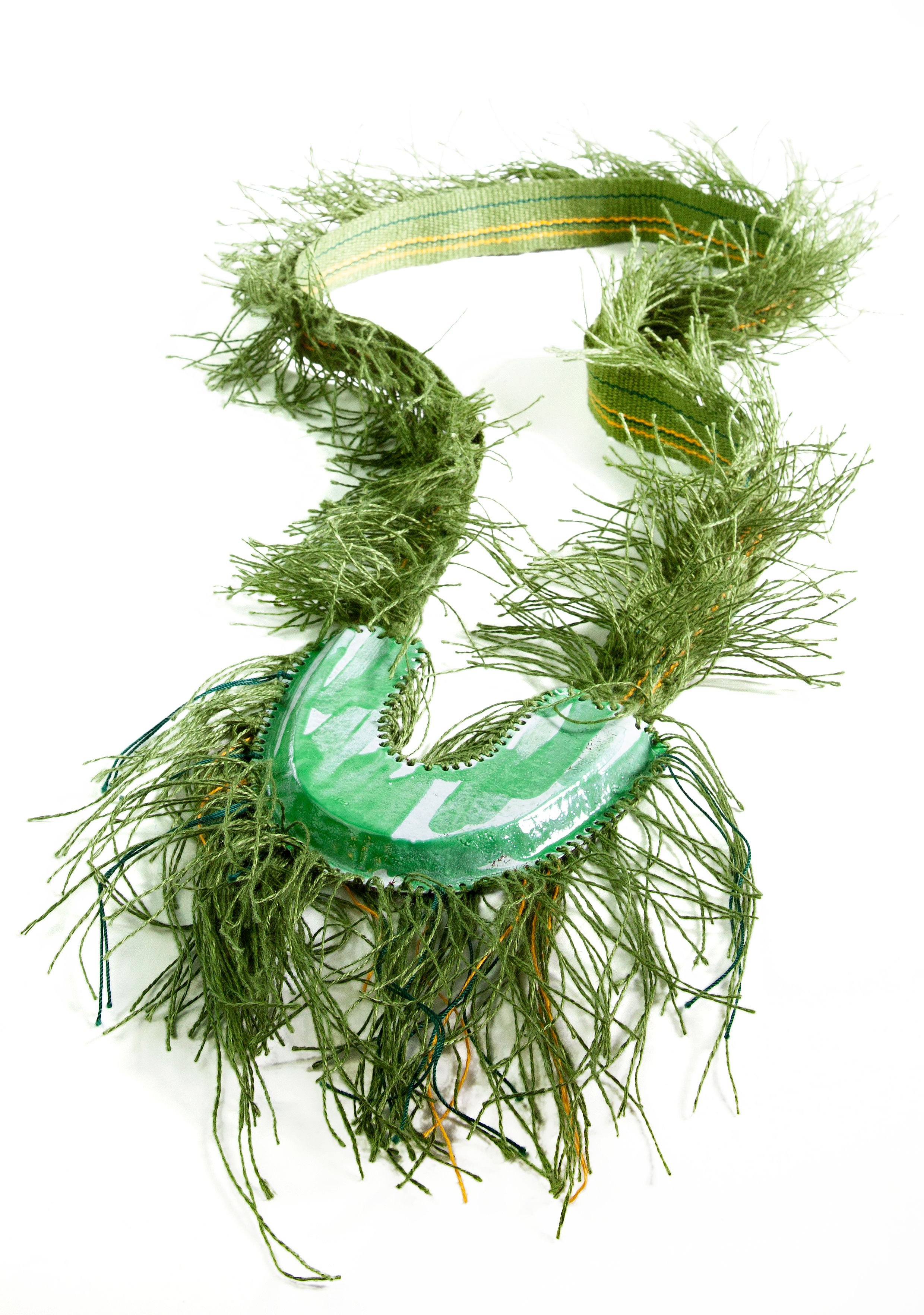 Recent Events, green, 2020 Necklace.  Enamel, repurposed copper, handwoven linen 