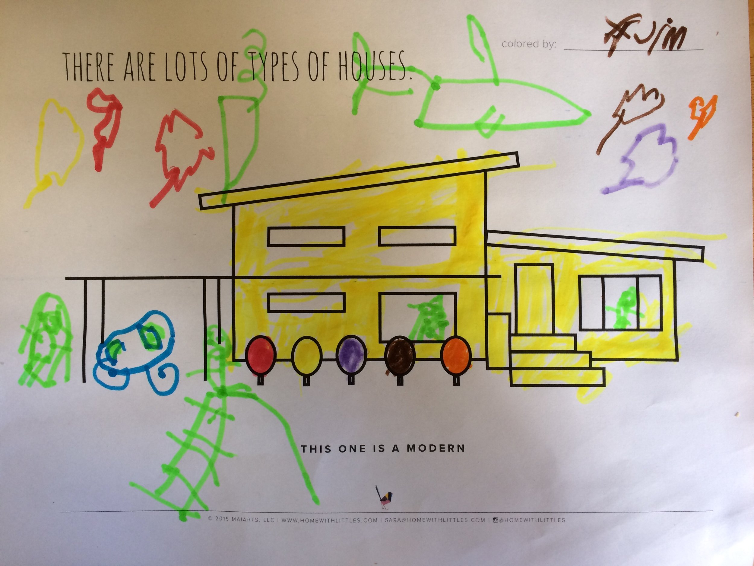 Sweetpea added a car, some parents inside making lunch, herself on a slide, her stuffed bunny next to the carport, some leaves, and a plane. What will you add?