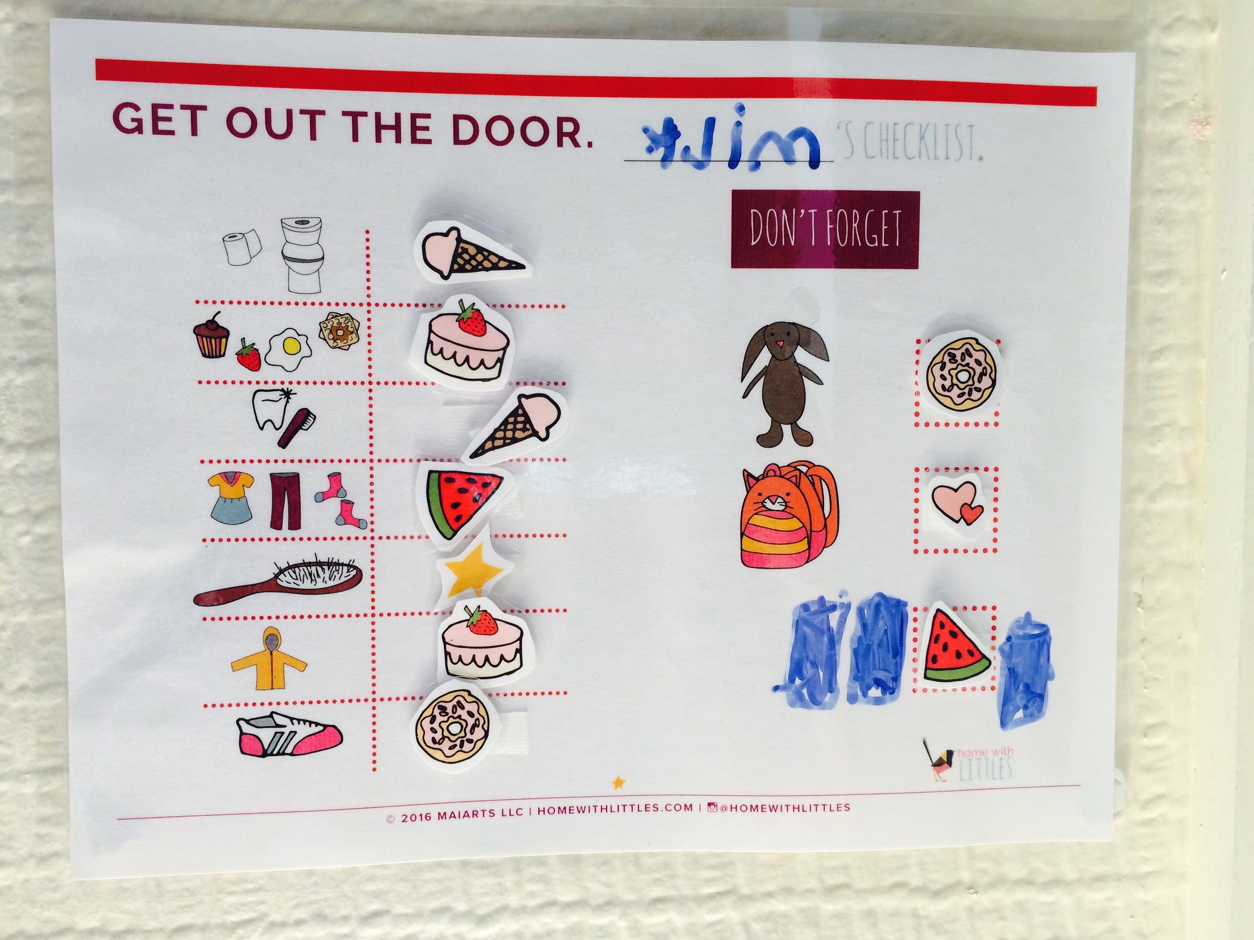 Potty, check. Breakfast check. Teeth brushed, clothes on, shoes on, check, check, check. I mean, ice cream, watermelon, donut. Blue blob, check (it's a book for nap time at pre-school).