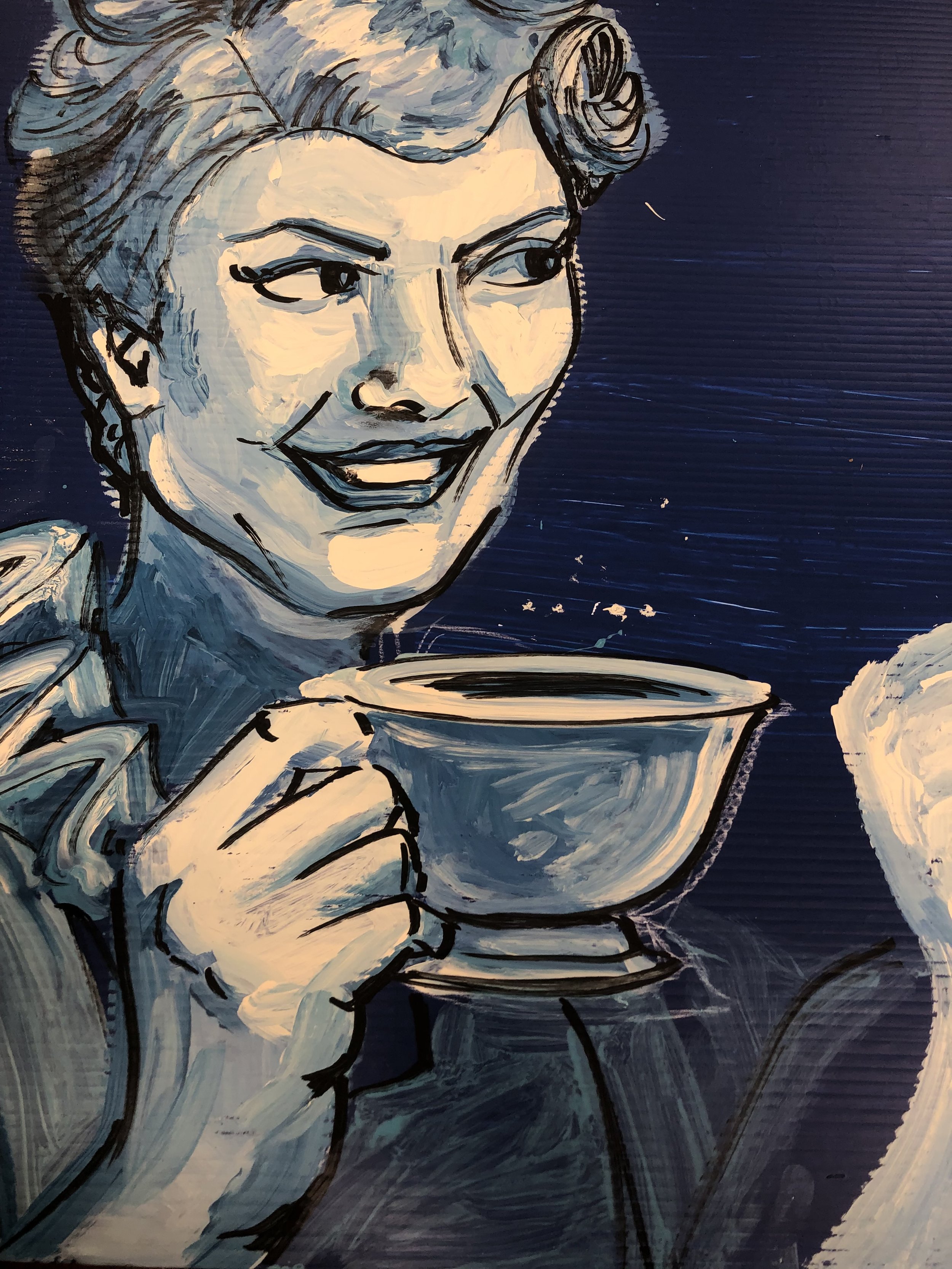 A painting of a woman with vintage hairstyle and earrings, smiling while holding a teacup. The artwork uses bold black lines and white and blue shades on a dark background.