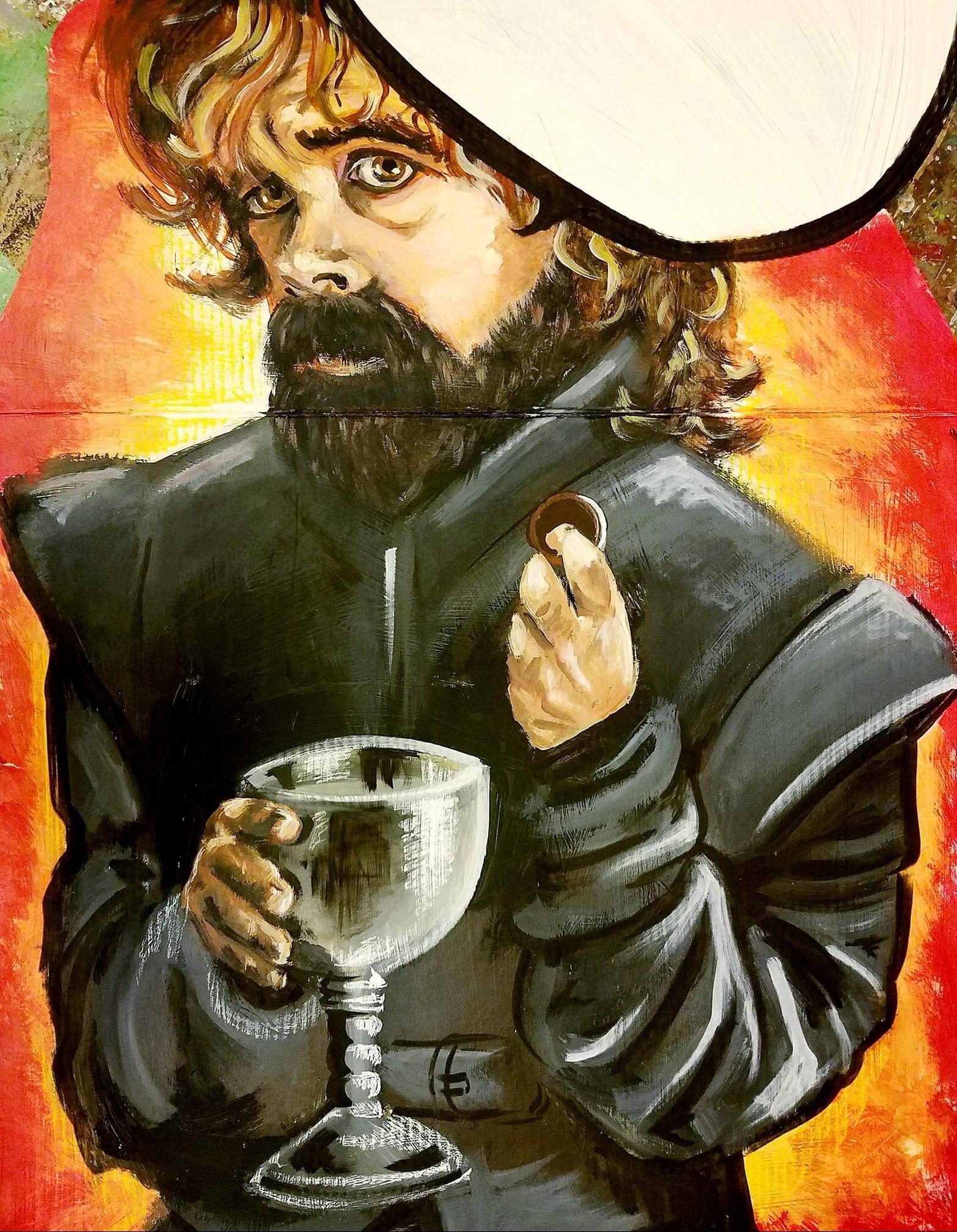 Painting of a man with long hair and a beard wearing a hat, holding a goblet, with a colorful background.