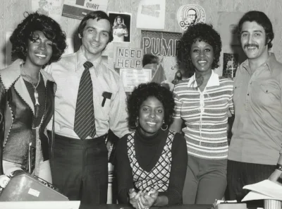 Cash Box's Mike Martucci (second left) and Anthony Lanzetta with Mary, Jean and Cindy of the Supremes