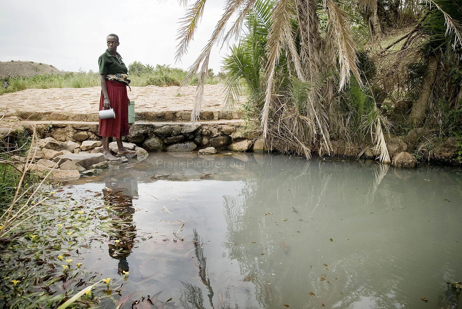 COMMUNITY DEVELOPMENT - This is a water hole in Nyamongo that was built by Barrick Gold near their North Mara Gold mine on behalf of the local communities (the edge of the mine pit can be seen in the top left corner). But the water appears milky and dirty and the plants around the water hole are dying, but this is the only water source available to the community.