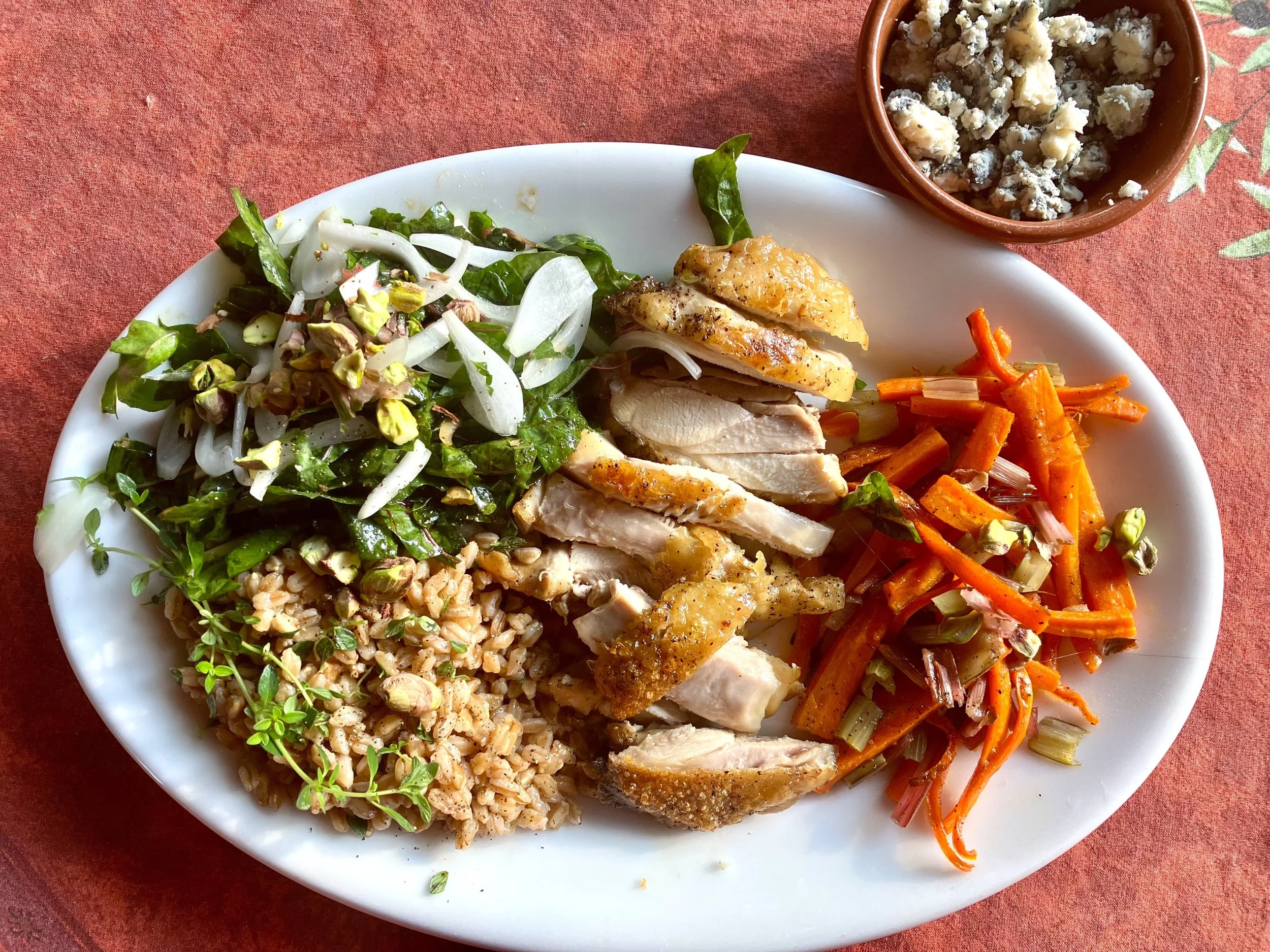 French Salad Platter with Chicken, Swiss, Chard, Roasted Carrots and Farro