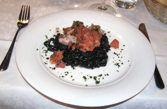 Squid Ink Linguine with Raw Scampi, Tomatoes and Basil