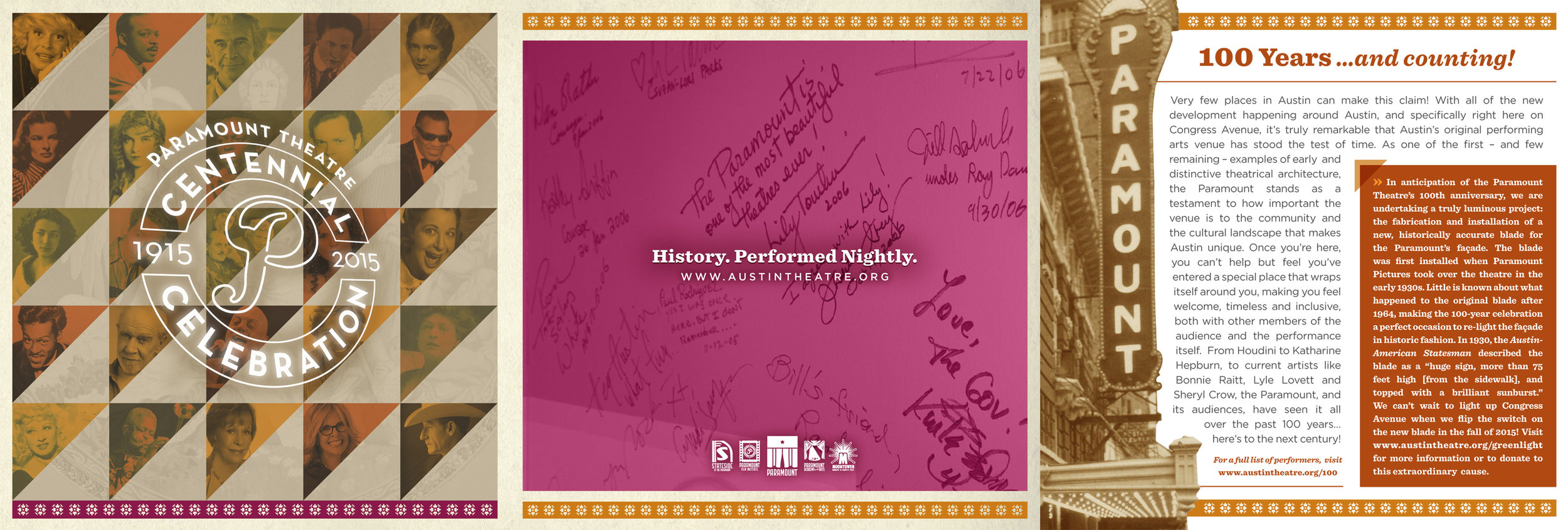  Brochure (outside) commemorating 100 years of the Paramount Theatre. 