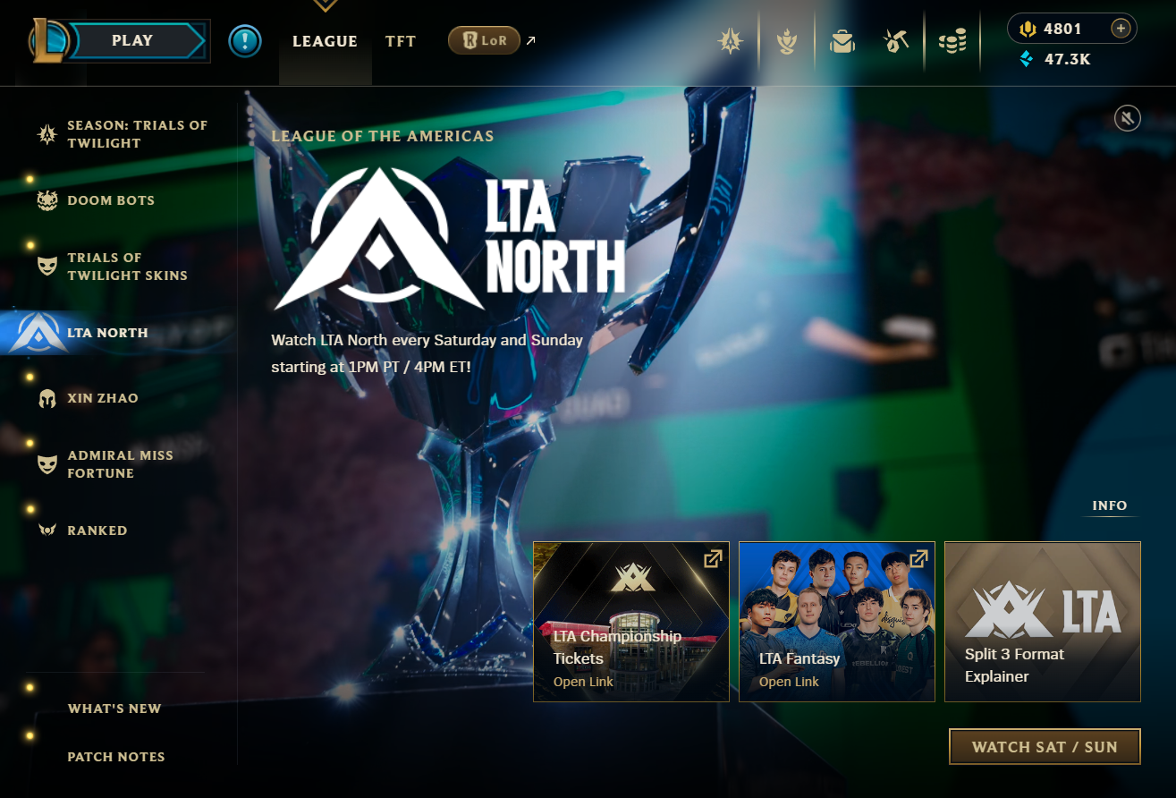 Screenshot of the League of Legends client homepage featuring the League of the Americas tournament, with the LTA North logo, schedule information, and links to tickets and fantasy page.