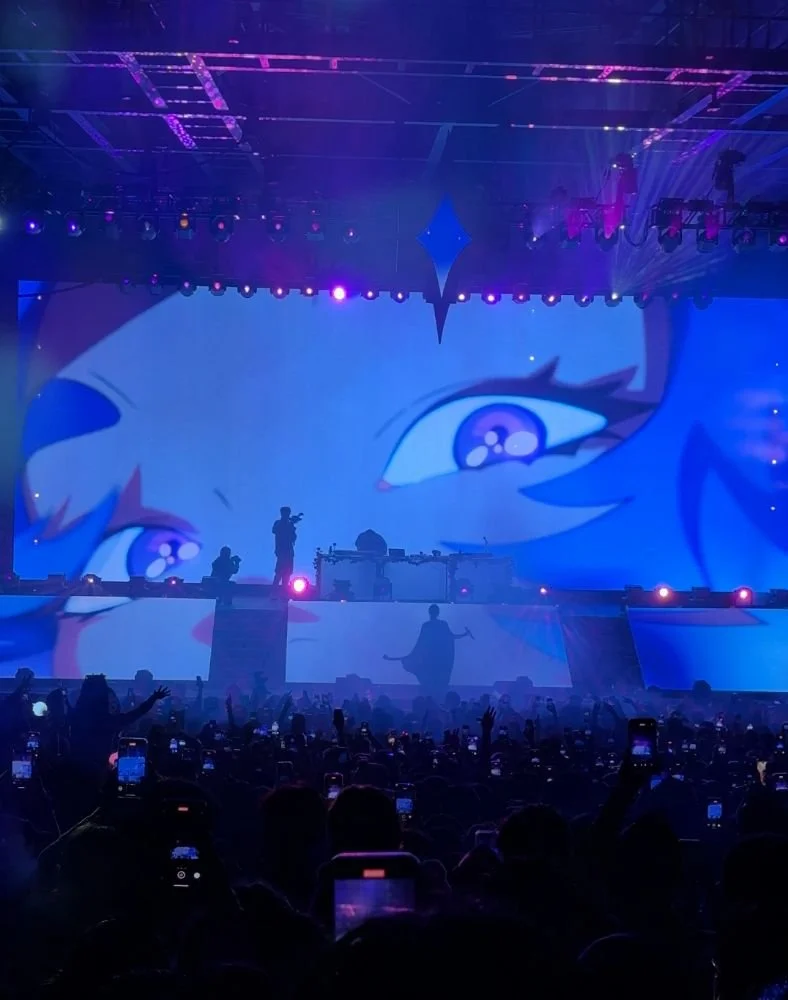 Concert with a large screen showing animated character's face with big eyes, a live performer on stage, and audience members taking photos with their phones.