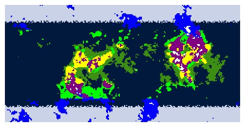 Segmentation of climates in tropical (dark green), desert (yellow), oceanic/mediterranean (green), continental (purple), tundra/polar (blue) and alpine (white).
