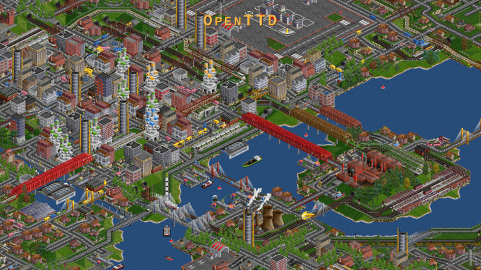Snapshot of openTTD , with its cities, boats, trains, buses, industries...