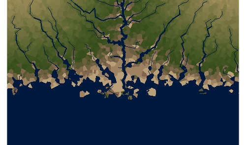 Same coastline with an slightly different Z model. A delta is forming for the big river.