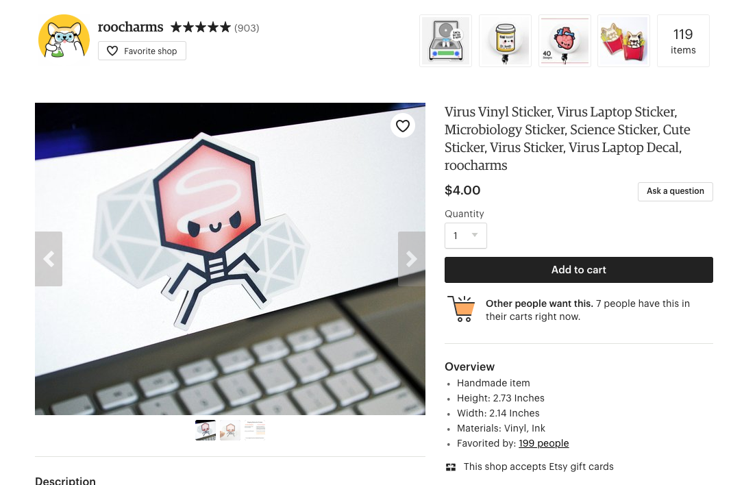 Screenshot of the etsy page