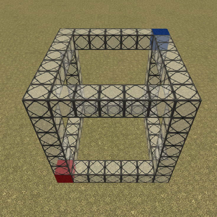 Visual representation of a cuboid selection, with the red wool as "position one" and the blue wool as "position two".