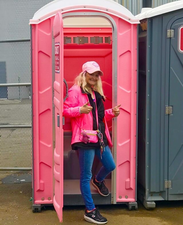 The perfect pink customer showed up right in time to be the first person to use our awesome new @westcoastdisposal pink porta potty! This is our second potty addition to the yard, these guys provide the best service, quick, regular and great value! T