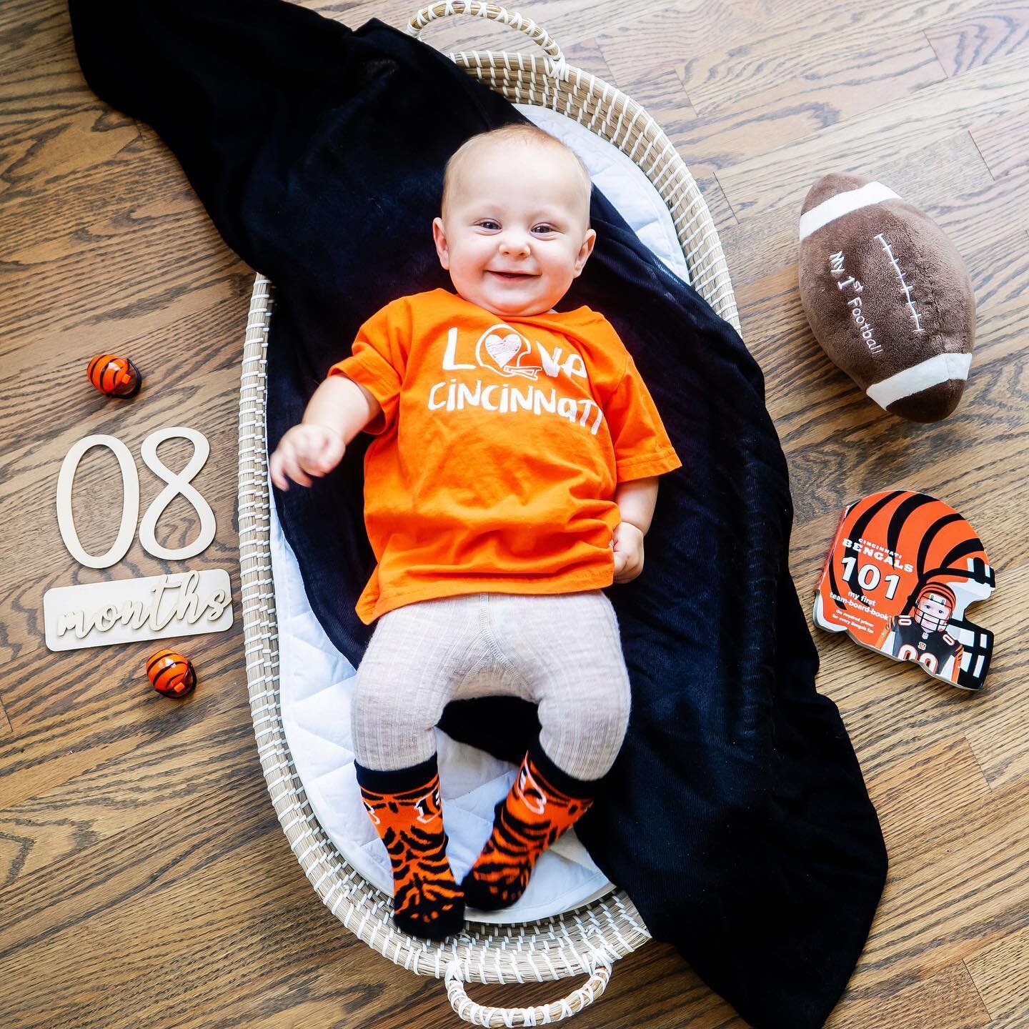 Gabe is 8 months and football season has begun 👏🏈🏟🏉🧡🖤❤️🤍

I think I have another strong willed boy on my hands. He&rsquo;s busy kicking  and spinning all around on his tummy, holding his spoon, trying to eat anything in front of him, laughing 