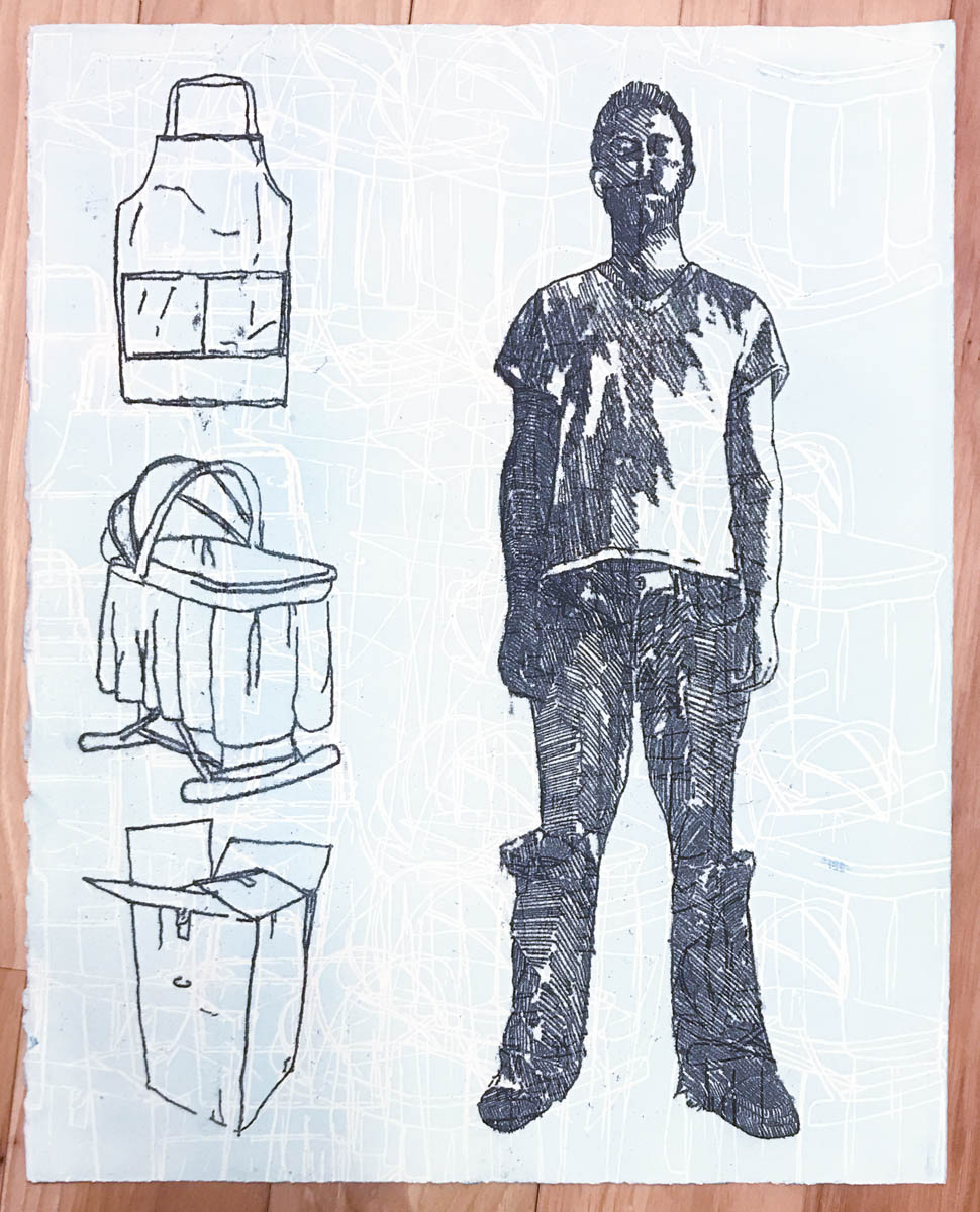 My piece for the "Disguise" portfolio. I believe I was struggling with the weight of moving, leaving grad school, having our first child. I also needed new jeans apparently. Softground etching over a lasercut relief surface.