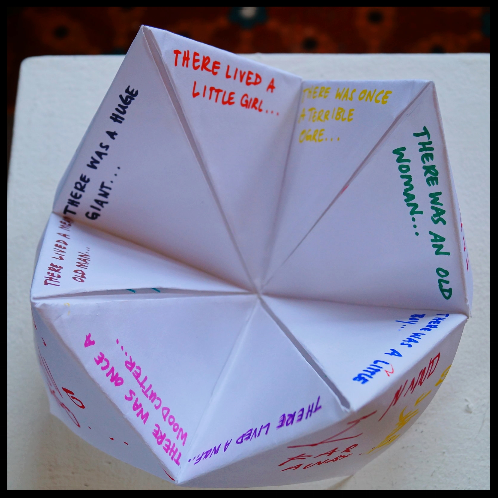 Middle triangles of the fortune teller: introduction of a main character (we forgot to number them, but you should mark yours)