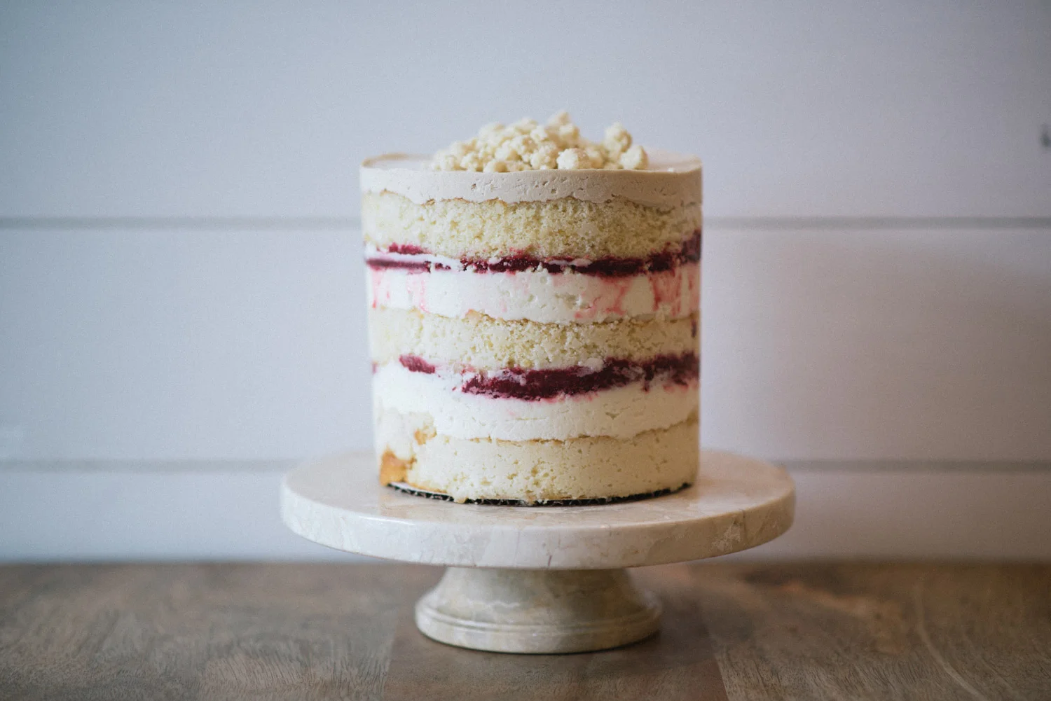 Raspberry Mascarpone Layer Cake// Vanilla Cake, House-made Raspberry Preserves, Mascarpone Buttercream, White Chocolate Milk Crumb, Coffee Buttercream
