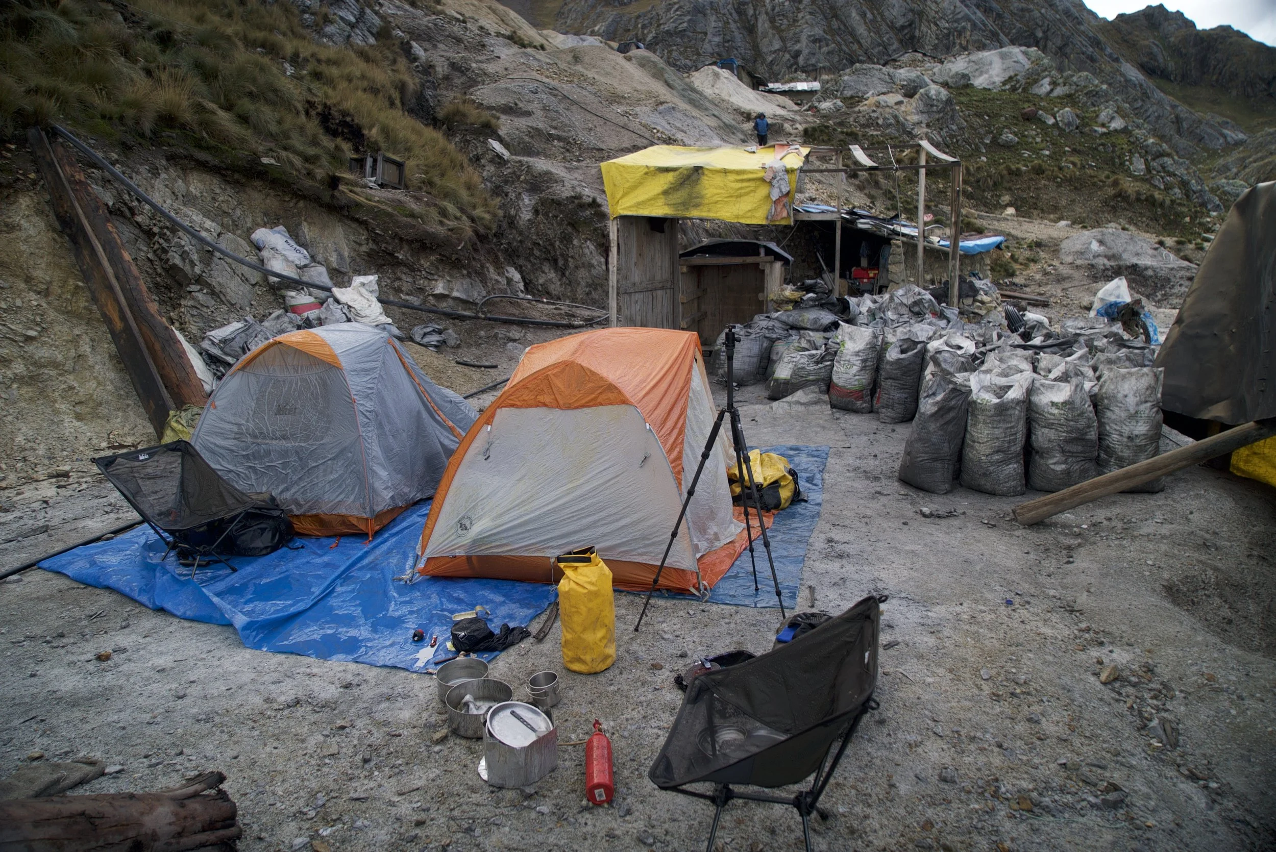 Emergency night camping in a mine in Peru, we didn't get to see where we really where until the next morning.