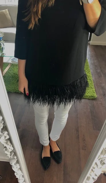 The Ostrich Feathers crank this classic boat neck top to the next level. Note that… when incorporating something more quirky… you keep it with a classic silhouette so that it’s not mindlessly crazy!