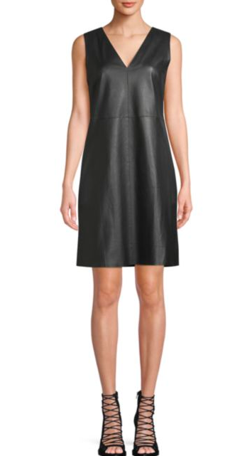 Max Mara: V-Neck Shift Dress If leather sounds too scary to you, you can soften it up with a light wash denim jacket or a camel blazer/cardigan. Go for a feminine flat to counteract the ‘edginess’.