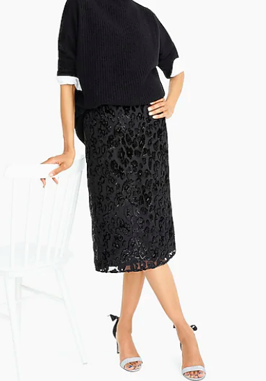J Crew: Burnout Velvet Skirt Velvet is a huge trend this season- it adds such a luxe feel to your Look! And the burnout adds even more intrigue and dimension. You can wear this with a nice blouse or with a simple grey Tee and denim jacket.