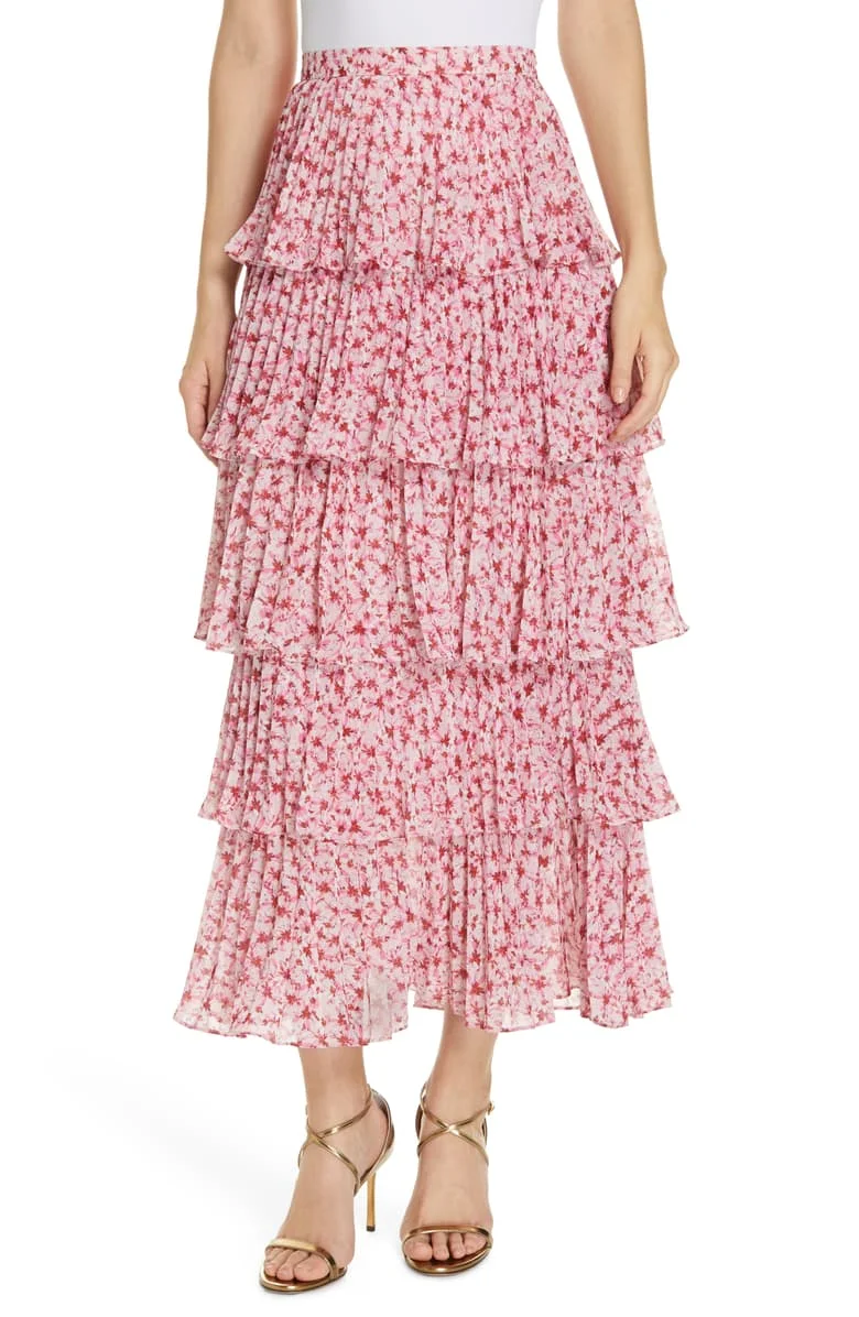 Amur Paisley Maxi Ruffles, ruffles, ruffles! Pair with a silk cami blouse, a bit form fitted so as to not add any more volume and let the skirt be the statement.