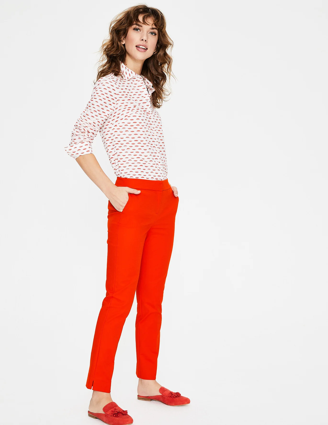 Boden Richmond Pant If a red pant is too intimidating for you… perhaps, “too much”, you’ll want to soften it with subdued pieces like a beige loafer or a denim button down.