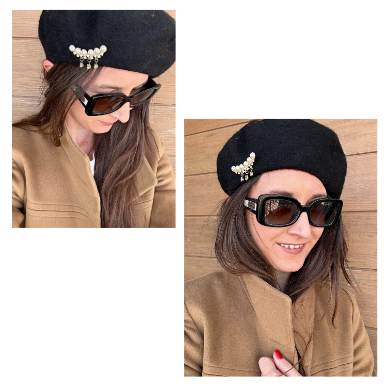 LIFKOME Autumn Winter Pearl Beret Wool Beret For Women, Space-Saving Foldable Design, For Skiing And Beach T Black