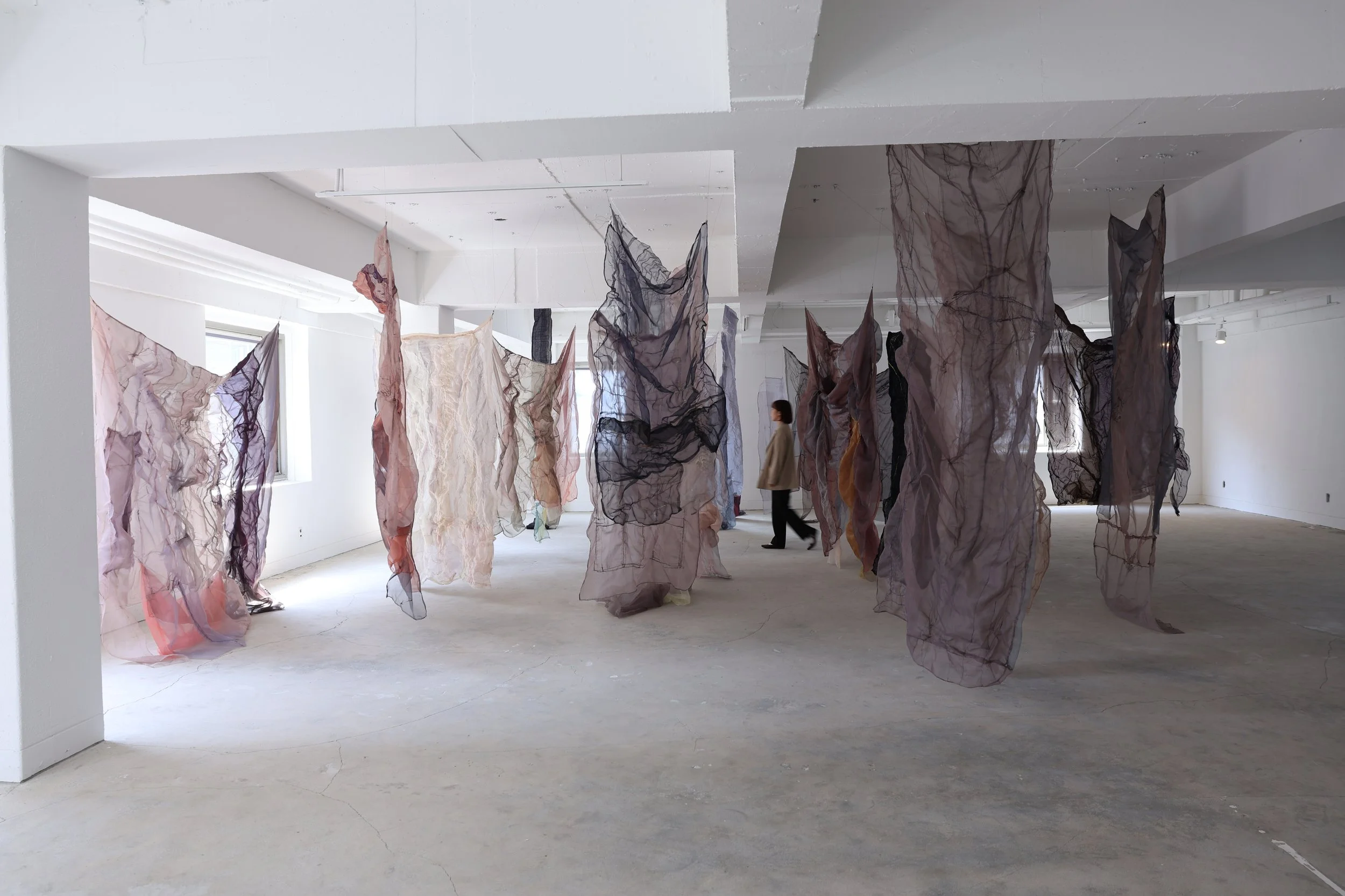  Title:  Sewn Painting Series (Hanging Textiles)   Year: 2025  Medium: Sewing on Nobang fabric (traditional Korean silk)  Dimensions: Variable, 7-150 inches  This installation was a site-specific spatial project titled  Sewn Paintings Series  for my 