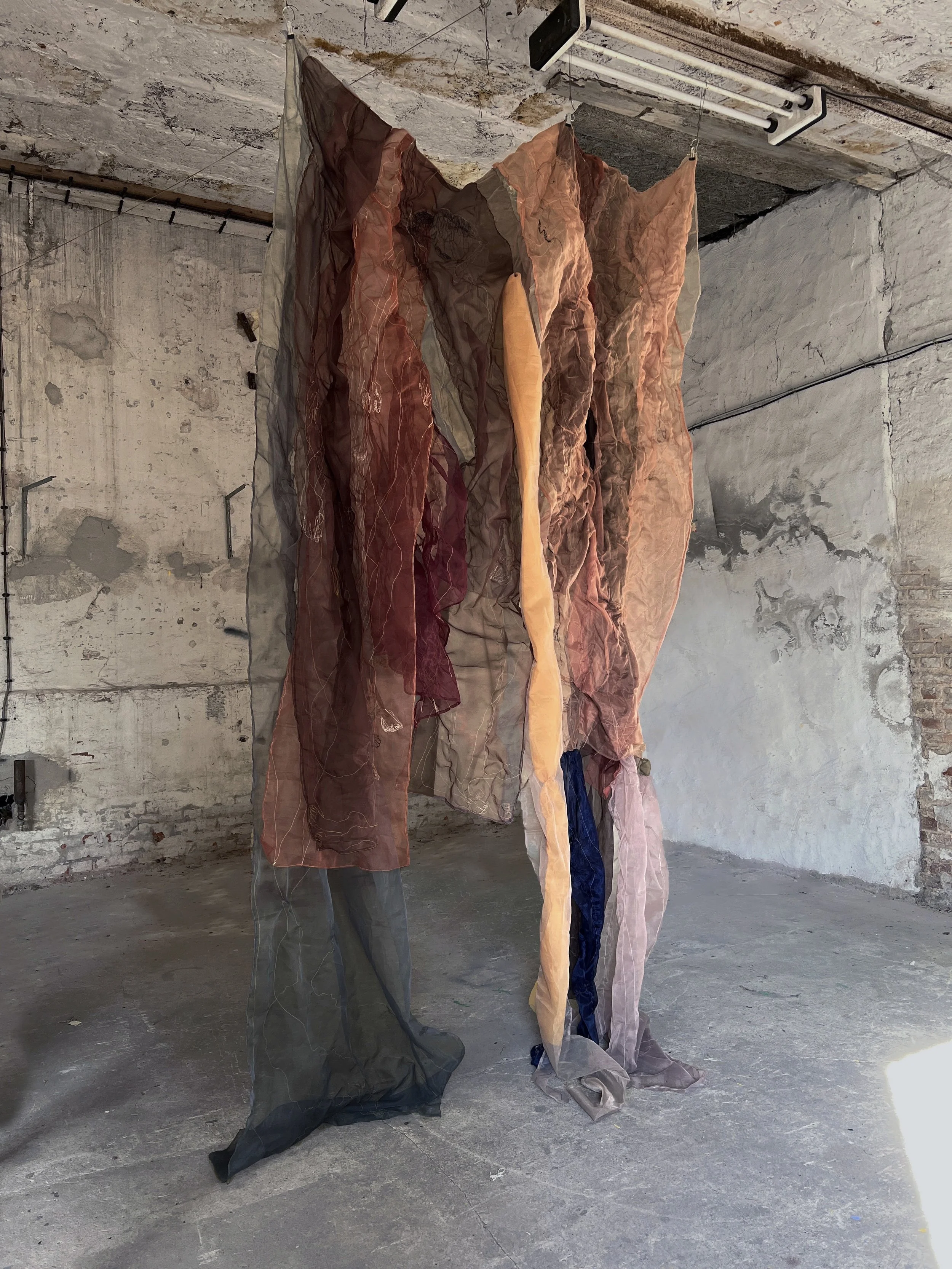 Title: Tremors Year: 2025 Medium: Sewing on Nobang fabric (traditional Korean silk) Dimensions: 140 x 85”