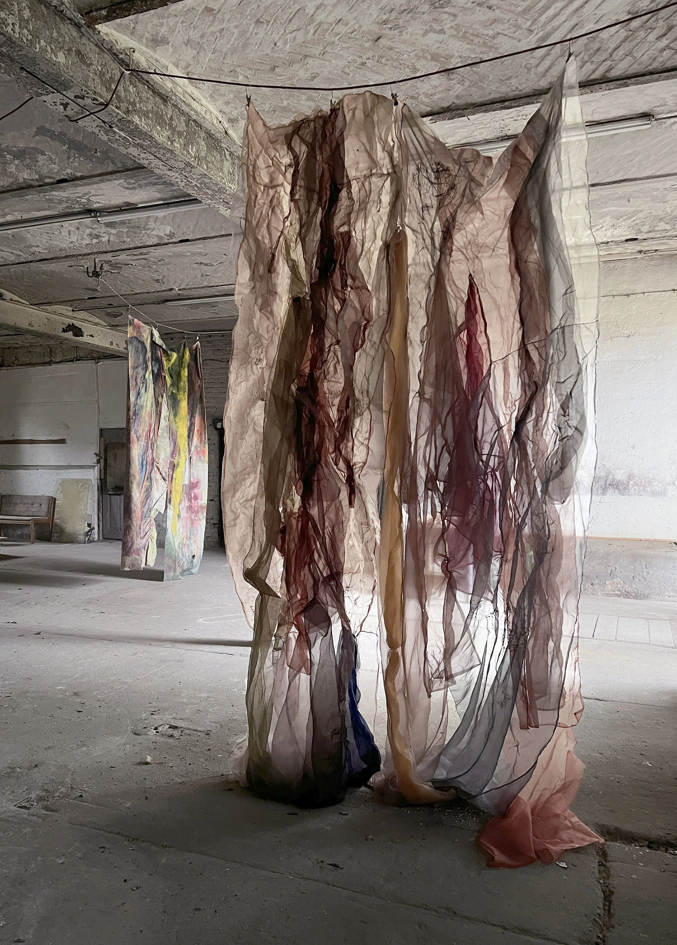 Title: Tremors Year: 2025 Medium: Sewing on Nobang fabric (traditional Korean silk) Dimensions: 140 x 85”