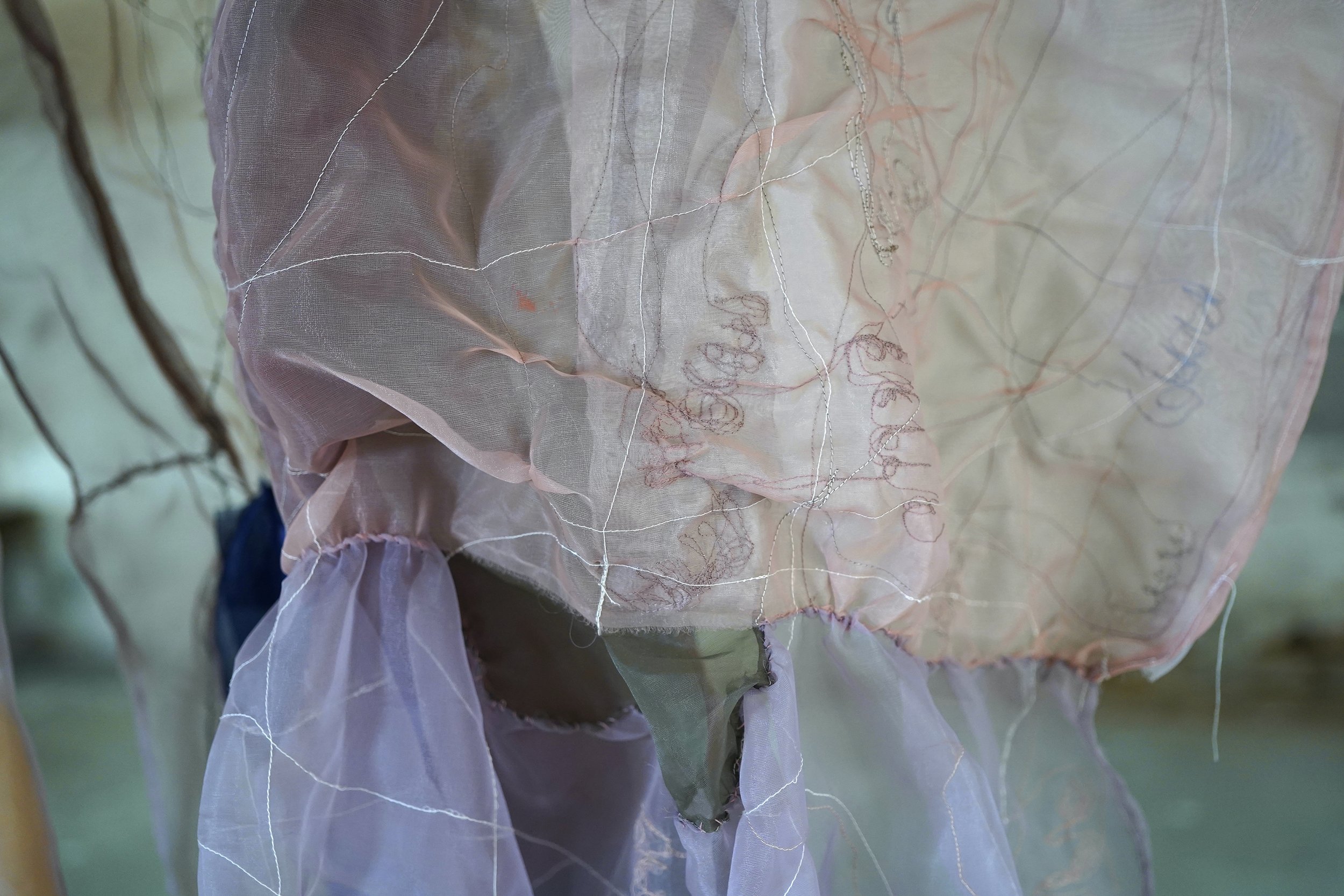  Title:  Tremors (Detail)   Year: 2025  Medium: Sewing on Nobang fabric (traditional Korean silk)  Dimensions: 140 x 85” 